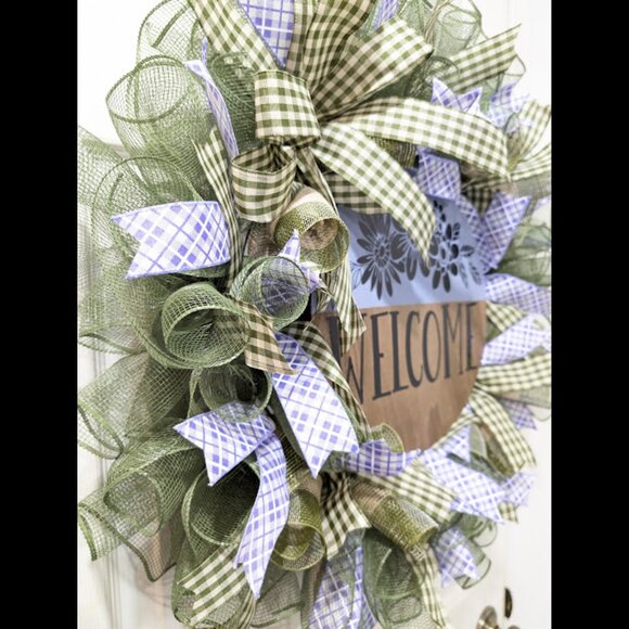 Welcome Wreath, Home Decor, Gift, Purple, Spring Decor, Door Hanger, Wreath - Picture 2 of 8